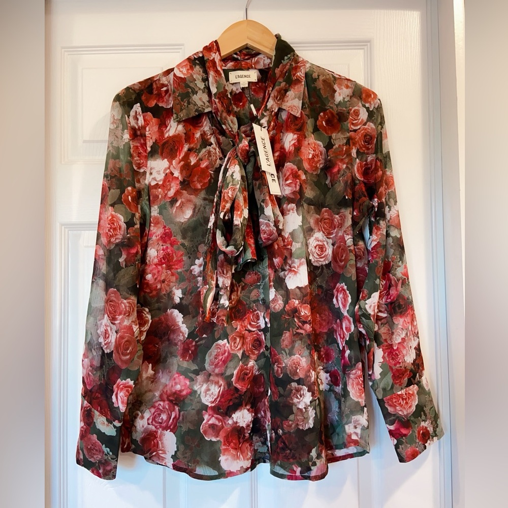 NWT L'agence Basil Floral Long Sleeve Shirt with Scarf - Picture 5 of 7